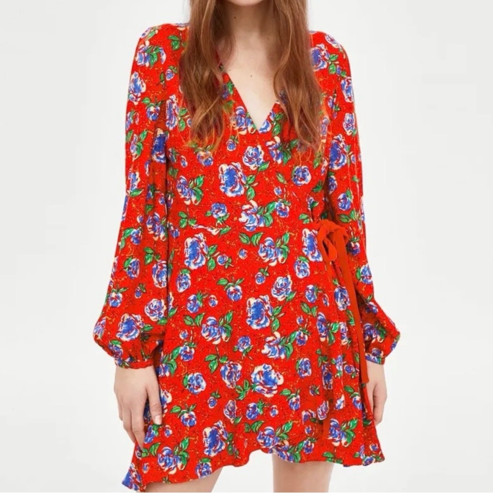 ZARA Red Floral Crossover Wrap Jumpsuit Romper Dress XS